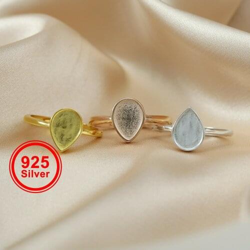 Pear Bezel Ring Settings Solid Back Breast Milk Resin Rose Gold Plated 925 Sterling Silver DIY Adjustable Ring 6.5x9.5MM 1294227