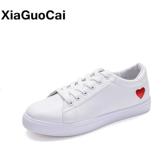 Women Casual Shoes Woman Flats Heart Lace-up Fashion Ladies Spring/Autumn Girl Student Shoes Solid White Sneakers EUR Size 35-40
