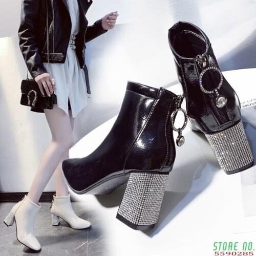 Square Toe Short Boots Woman 2020 Fall/Winter Shoes Women High Heeled Boots Rhinestone Chunky Heel Female Booties Large Size