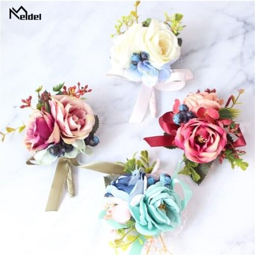 Meldel Men Wedding Boutonniere Silk Rose Bride Wrist Corsage Girl Bracelets Retro Classic Wedding Boutonniere Flower Brooch Pins
