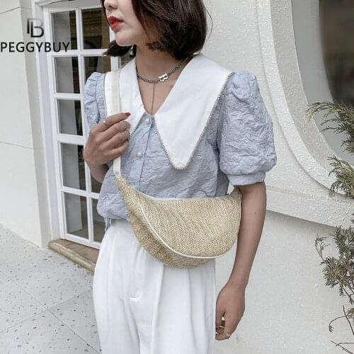 Fashion Women Summer Beach Vacation Woven Solid Color Shoulder Crossbody Bag Half Moon Belt Bag Ladies Daily Street Fanny Packs