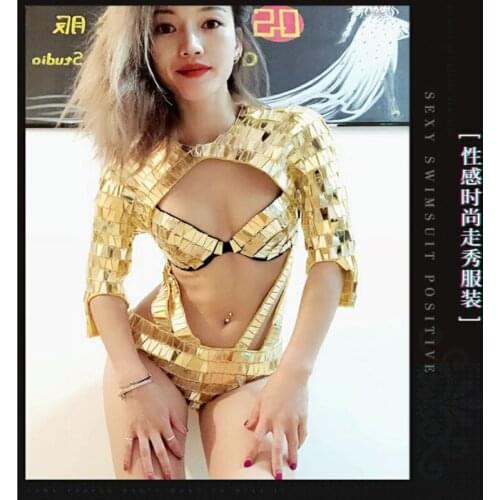Stage dance wear female singer DJ dancer clothing Women Sexy gold silver mirror costume