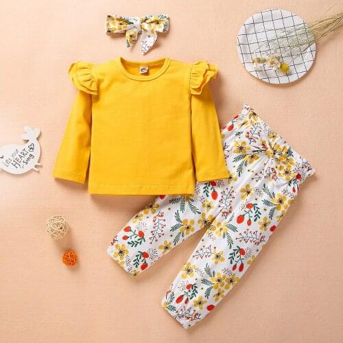 3pcs Fall Winter Baby Girls Clothes Lounge Set Long Sleeve Bow Ruffle T-shirt Floral Pants Headband 3 4 Year Kids Outfits