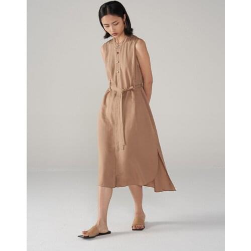 Ouverey Women Solid Color Maxi Single Breasted Dress with Belt Straight Fit Sleeveless Shirt Dress