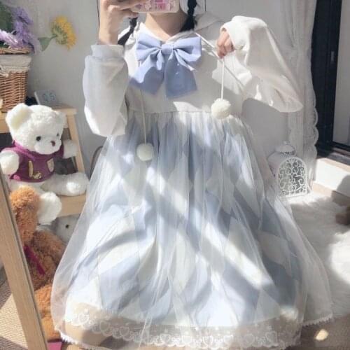 HOUZHOU Lolita Dress Kawaii Cute Sweet Girl Japanese Style Vintage Long Sleeve Dress Muslin Tulle Harajuku Preppy Style Outfits