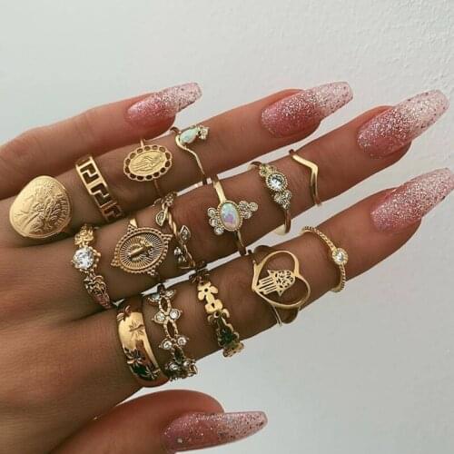 Retro Trendy Boho Cross Gold Coin Knuckle Love Ring Set For Women Crystal Geometric Finger Rings Fashion Jewelry Party Gift