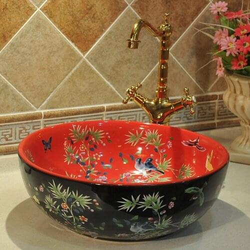 Counter Top porcelain wash basin bathroom sinks ceramic bowl wash basin flower and bird