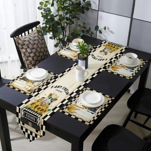 Farm Truck Plaid Sunflower Cow With Sunglasses Vintage Table Runner Set Country Wedding Table Decoration for Kitchen Home Dining