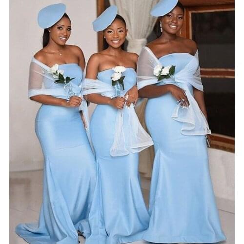 YiMinpwp Light Sky Blue Mermaid Bridesmaid Dresses Strapless Wrap Sweep Train Garden Beach Country Wedding Guest Party Gowns