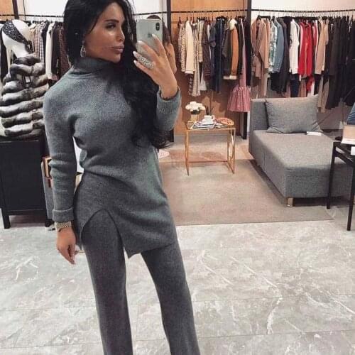 Taotrees Autumn Winter Female Casual Comfortable Solid Color Turtleneck Pullover Sweater and Pants Two Piece Set Womens Costume
