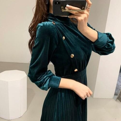 Vintage Button Front Velvet Long Dress Korean Spring Autumn Winter Long Sleeve Womens Dress Elegant Pleated Blue Black Dress