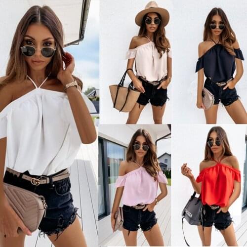 Women Blouses Summer Off Shoulder Halter Blouse Shirts 2021 Sexy Backless Solid Color Tops Elegant Short Sleeve Shirt Blusas 2XL