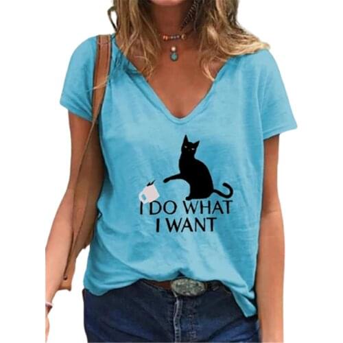 2021 New Women Cartoons Cute Cat T Shirt Fashion Casual Short Sleeve V-Neck Letter Print Loose Tops Plus Size Female Clothes