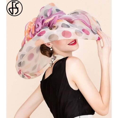 FS Organza Hats For Women Summer Pink Beach Sun Hat Big Flowers Dot Large Wide Brim Fedora Black White Lady Derby Cap Chapeau