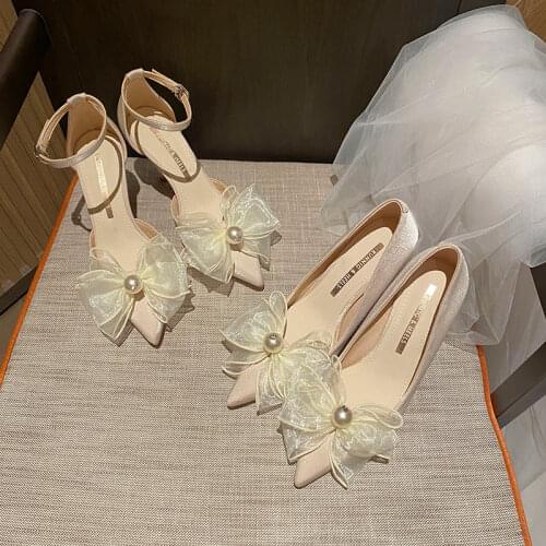Women Satin Bow Pearl Decoration High Heels Woman Sandals Ladies Sexy Pumps Ladies Fashion Shoes Plus Size 34-43 W
