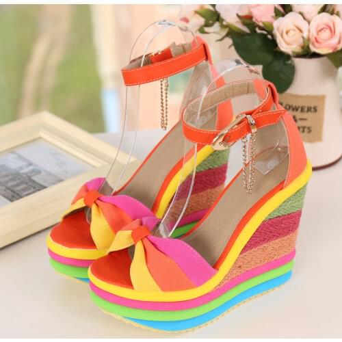 Comemore Summer New Wedges Sandals For Women Platform Rainbow Shoes Bowknot Hemp Bottom Female Ankle Buckle Strap Ladies Shoes