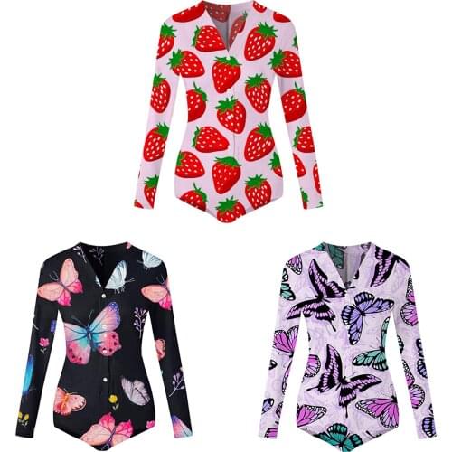 Women Casual Close-fitting Bodysuit, V-neck Long Sleeve Printing One-piece, Red/ Black/ Purple