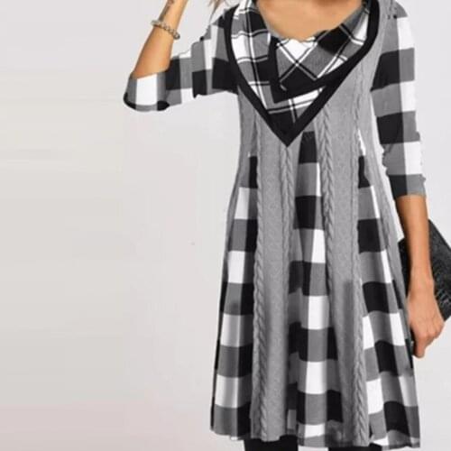 Retro Geometric Plaid Printed Party Dress Women Elegant Pile Collar Autumn Pullover Dress Winter Long Sleeve Office Lady Dresses