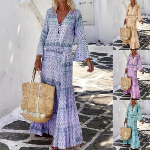 Fashion Street Women Printed Maxi Long Loose Ladies Dress Bohemian Geometric Print V Neck Flare Sleeve Dress for Beach Fall