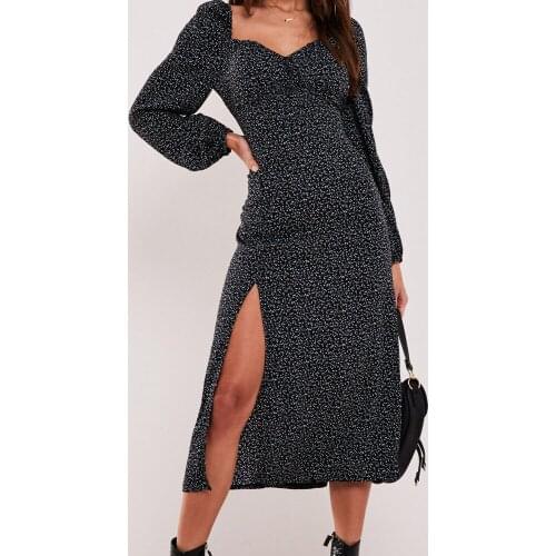 Autumn/Summer Fashion Floral Lantern Sleeve Women Dress Hepburn Gentle Wind Square Neck Long Sleeve Digital Print Slit Skirt