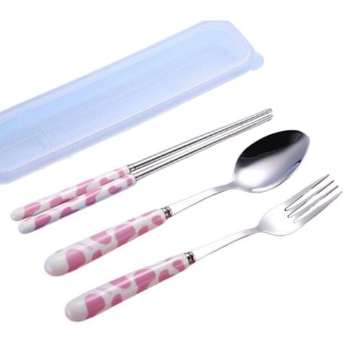 1 Set Children Tableware Cute Pattern Anti-rust Baby Spoon Fork Chopsticks Three-piece Set for Feeding