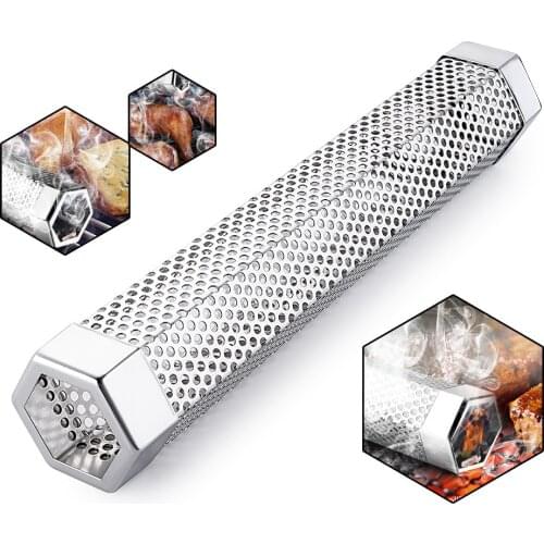 12INCH BBQ Stainless Steel Perforated Mesh Smoker Tube Filter Gadget Hot Cold Smoking Hexagonal Smoked Net Tube Outdoor Picnic