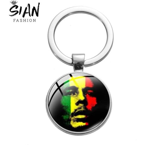 SIAN Steampunk Super Star Bob Marley Keychain Reggae Music Singer Photo Glass Crystal Silver Color Key Chain Exquisite Ornaments