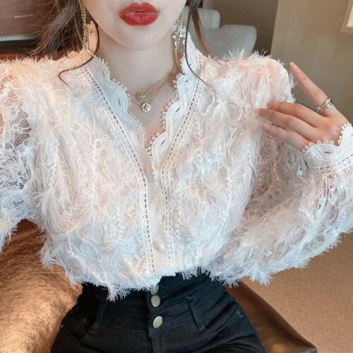 Blusas Women Tops White Shirts V-neck Long Sleeve Vintage Lace Hollow Out Lace Blouses Shirts Kimono Lace Flowers Ladies 16095