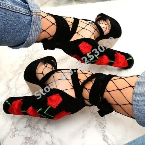 ALMUDENA Factory Real Photo Exquisite Red Flowers Chunky Heel Platform Sandals Embroidery Lace-up Wedding Shoes Cross Strappy