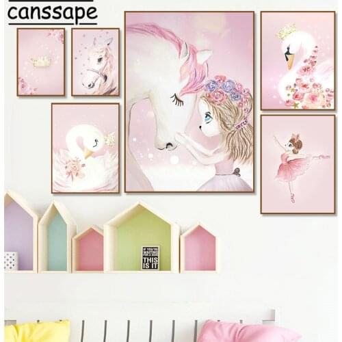 Nursery Pink Wall Art Canvas Painting Ballet Girl Poster Unicorn Swan Paintings Flower Print Wall Pictures Baby Girl Room Decor