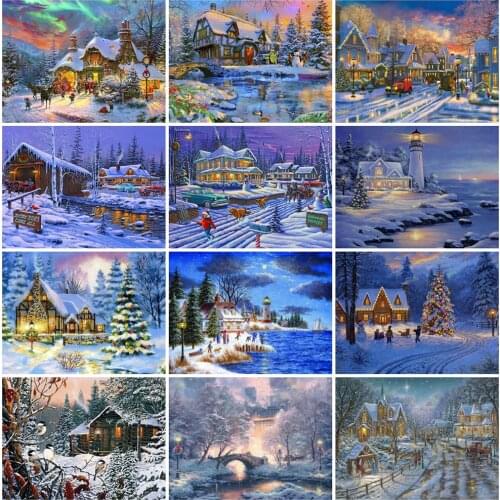 Evershine 5D Diamond Painting Full Drill Square House Cross Stitch Kit Diamond Mosaic Winter Needlework Landscape Wall Art