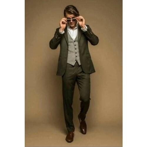 Olive Green Men Suits Set Grey Vest Young Man Notched Lapel Three Pieces Slim Suits For Men Formal Men Suits Jacket+Vest+Pant
