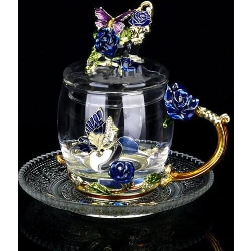 Creative Color Flower Countertop Glass Cup Heat-resistant with Handle Coffee Tea Cup Mug Exquisite Glass Container Birthday Gift