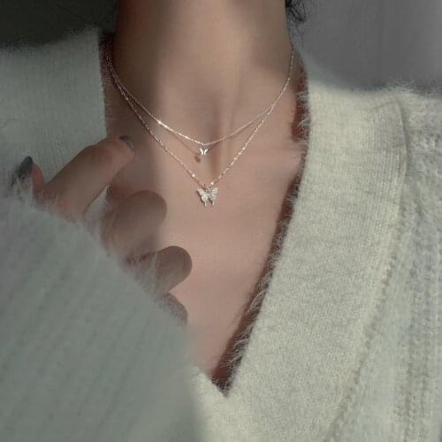 Hot New Women Sterling Silver Butterlfy Double Layers Chokers Necklaces Jewelry Clear Mico Cubic Zirconia Necklace Gifts