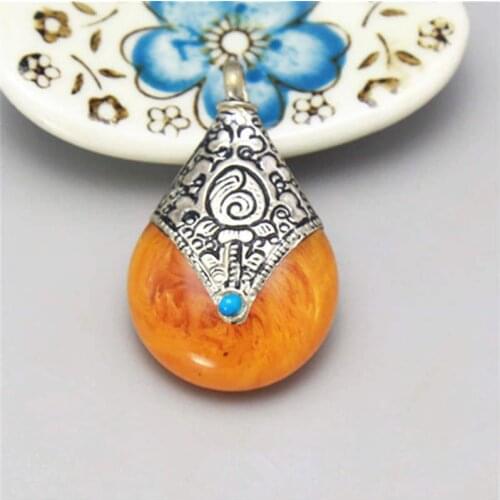 Tibetan Pendants Copper Capped Simulated Yellow Resin Water Drop Pendants TBP320