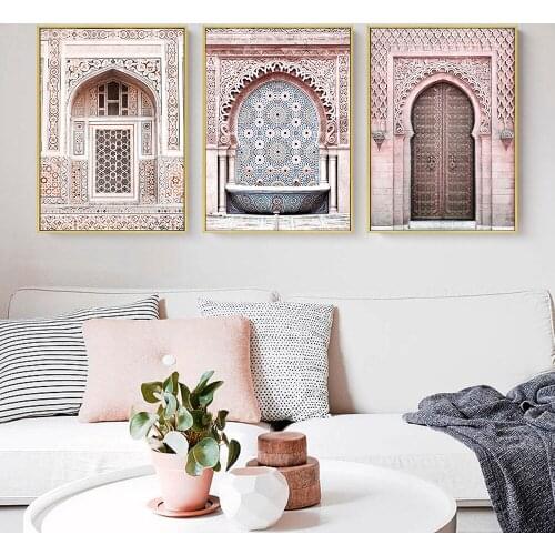 Mosque Morocco Poster Pink Door Architecture Wall Painting Islamic Canvas Print Muslim Wall Art Pictures Living Room Home Decor