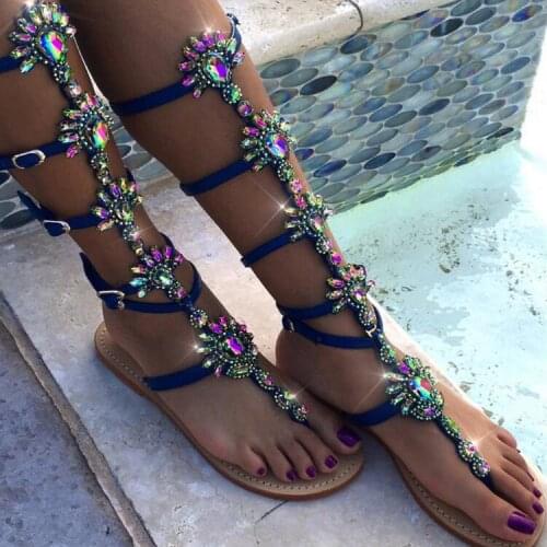 Drop Shipping Summer 2017 Girls Fashion Rhinestone Bohemia Comfortable Clip-toe Flat Sandals Knee High Sandals size 47