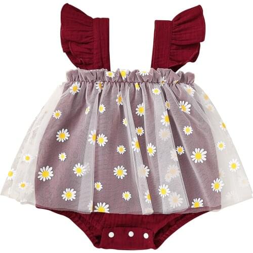 Pudcoco Baby Girl’s Casual Sleeveless Romper Newest Fashion Daisy Printed Mesh Yarn Stitching Ruffles Short Jumpsuits