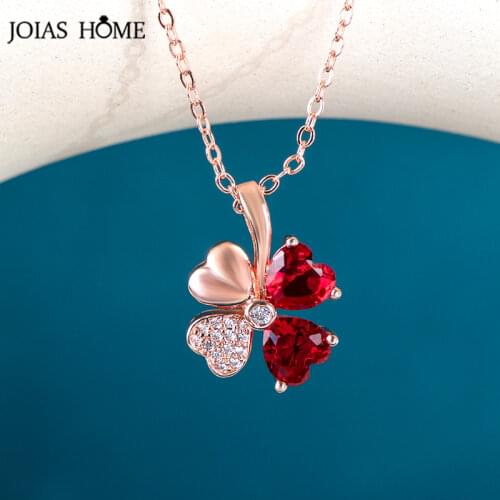 JoiasHome Luxury 925 Silver Necklace Pendant Korean Rose Gold Necklace with Lucky Clover Garnet Pendant Valentines Day Gift