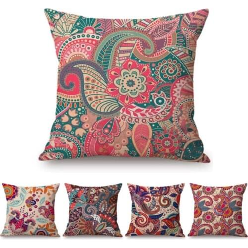 Pink Bright Paisley Floral Pattern Home Decorative Sofa Throw Pillow Case Bohemian Mandala Cotton Linen Car Pillow Cushion Cover