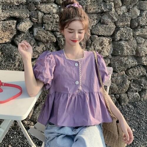 Shirts Women Sweet Girls Loose Plus Size Kawaii Casual Ruffles Puff Sleeve Solid Square Collar All-match Ulzzang Womens Blouses