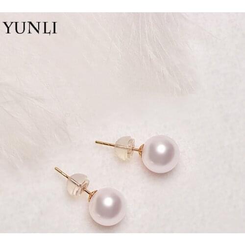 YUNLI Real 18K Gold Natural Freshwater Pearl Stud Earrings Pure AU750 Gold Earring Pins for Women Fine Jewelry Wedding Gifts EA0
