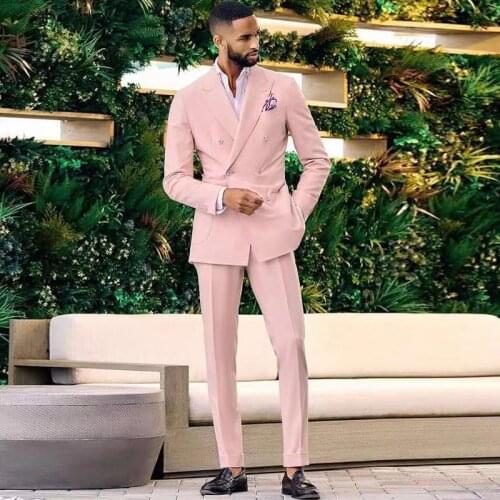 Light Pink Double Breasted Wedding Tuxedos Slim Fit Two Pieces Mens Wear Peaked Lapel Groomsmens Suits