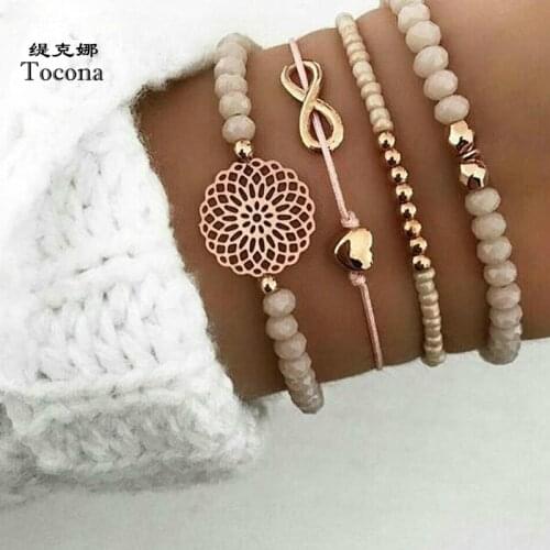 Tocona Bohemia 4pcs/sets Heart Bead Bracelets Gold Hollow Flowers Bow Adjustable Rope Jewelry for Women Drop Shipping 4019