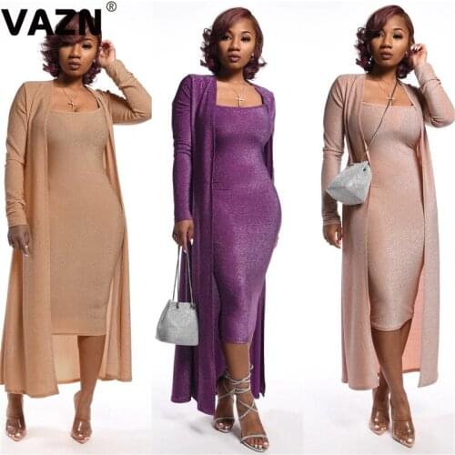 VAZN Top design 2020 spring sexy aldy 3 colors long 2-piece set spaghetti strap mid dress full sleeve long coats set fashion set
