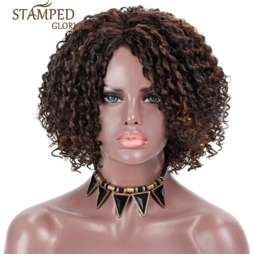 Stamped Glorious Short Afro Kinky Curly Wig Mixed Black and Blonde Synthetic Wig for Black Women Side Part Natural Hair