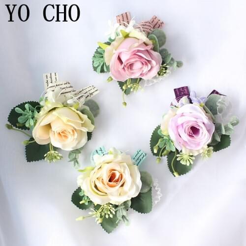 YO CHO Groom Corsage and Boutonniere Lapel Pin Bridal Wrist Corsage Pink Bridesmaid Bracelet Party Wedding Personal Floral Decor