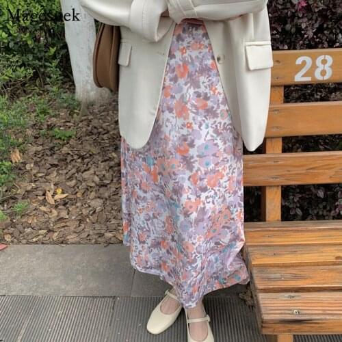 2021 korean style Summer Autumn Vintage Midi Woman Skirts High Waist A-line Skirts Womens Print Floral Elegant Long Skirt 9945