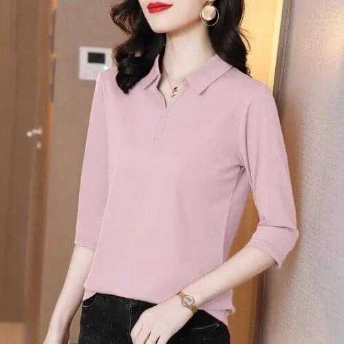 Chic solid Three Quarter sleeve Polo collar tee Women Fashion Korean cotton big size 5XL slim Tshirt ladies 2021 new summer tops
