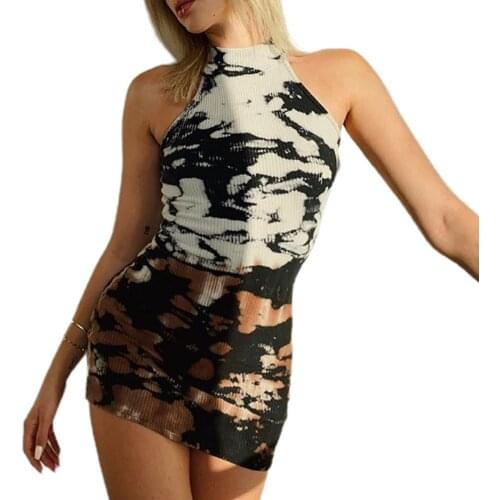 Ladies Sexy Slim Mini Skirt Summer Women Temperament Tie-dye Printing Sleeveless Round Collar Short Dress for Dating Shopping